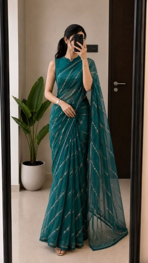 Elegant Teal Sequin Saree Look ✨ _ Classy Mirror Selfie Inspiration _ Party Wear Saree Style 2026